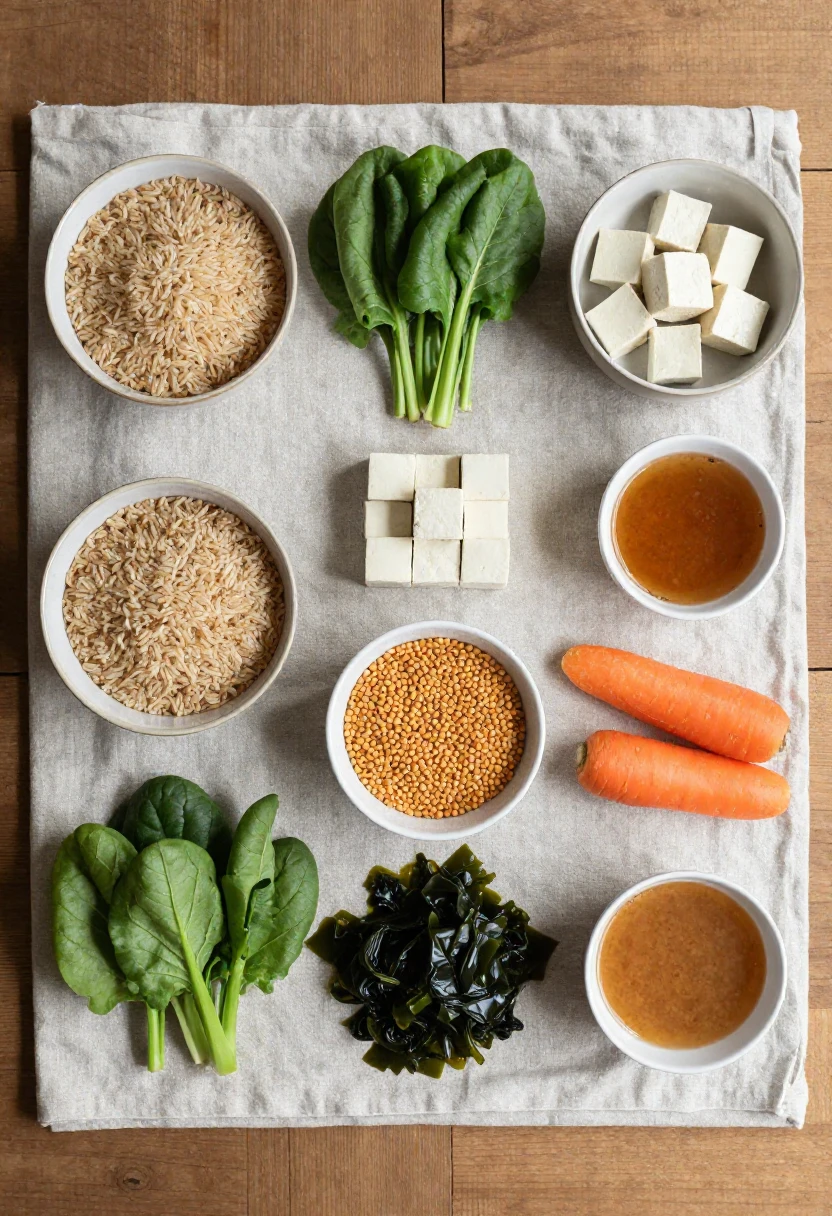 Core foods of the macrobiotic diet including grains, vegetables, beans and seaweed