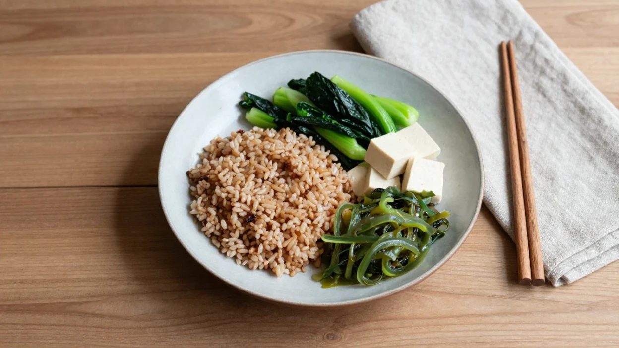 Macrobiotic meal with brown rice, vegetables, tofu and seaweed