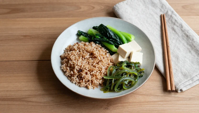 Macrobiotic meal with brown rice, vegetables, tofu and seaweed