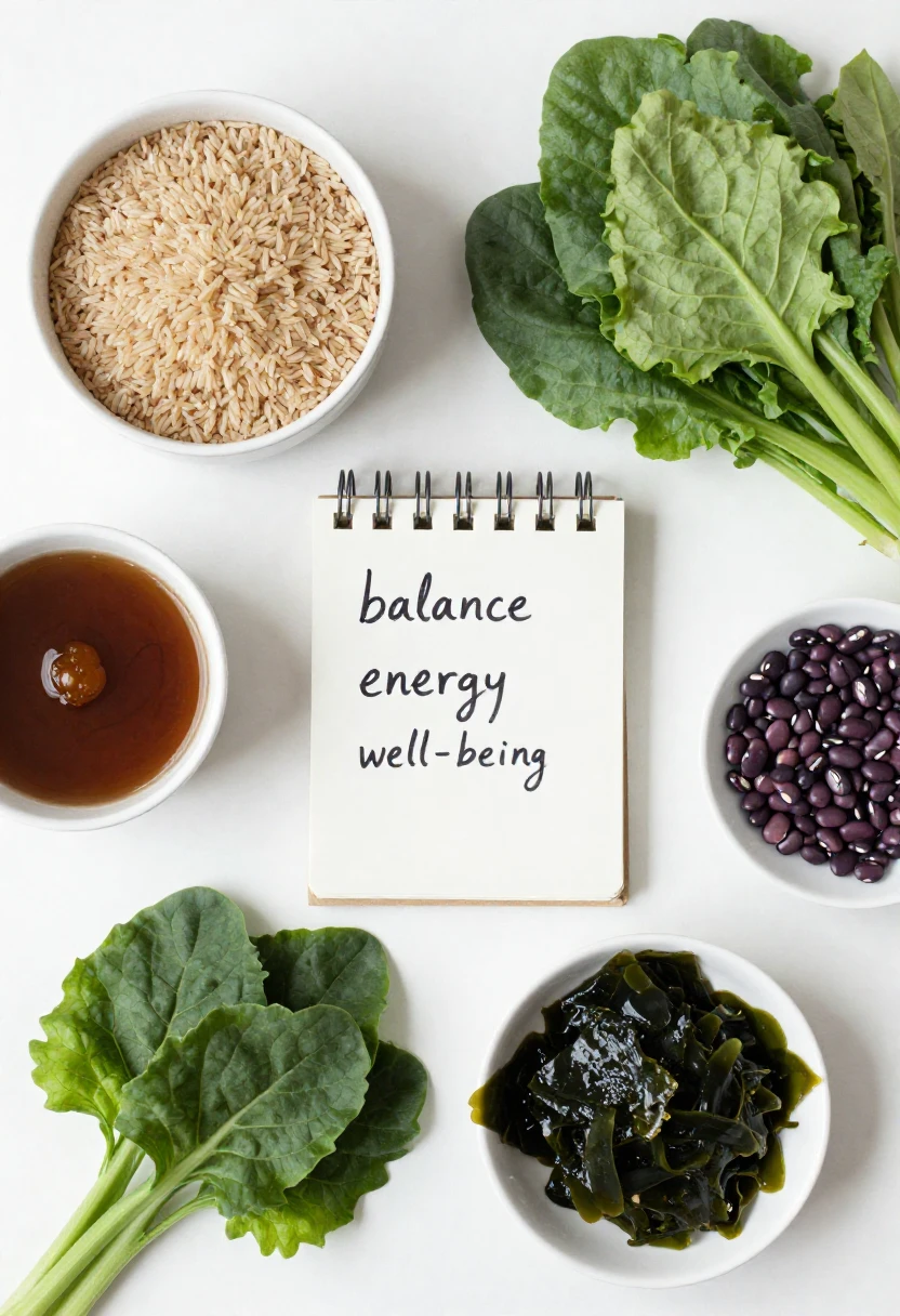 Macrobiotic ingredients including brown rice, miso, greens, and legumes arranged around a wellness notepad showing potential health benefits