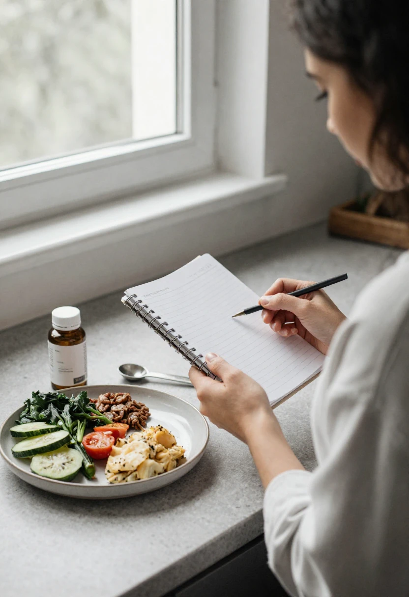 Person reviewing nutrition notes while planning a balanced plant-based diet