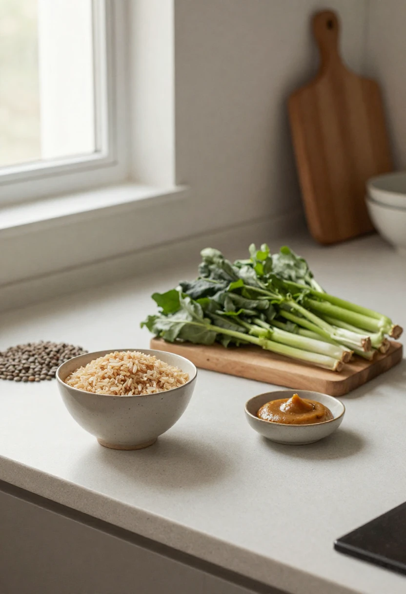 Balanced macrobiotic ingredients including grains, vegetables and legumes