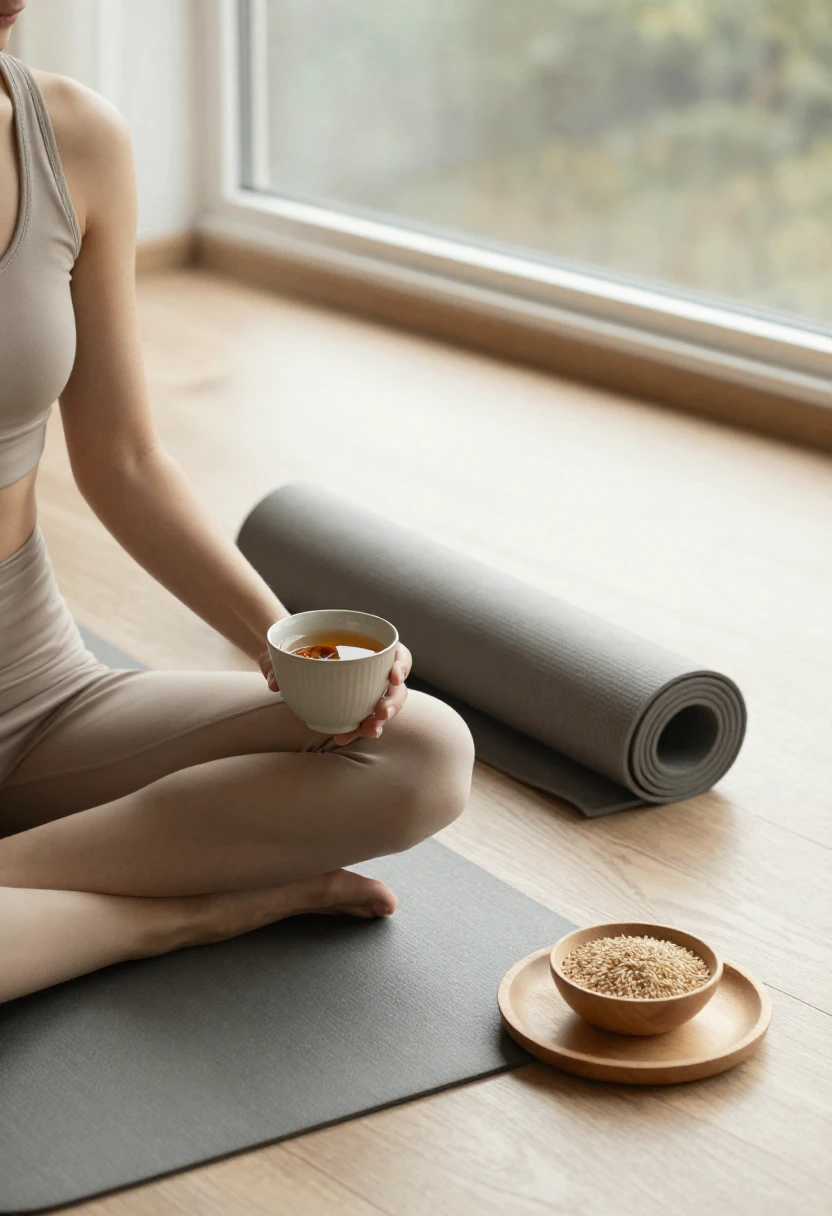 Person sitting mindfully with herbal tea and a simple grain bowl representing the macrobiotic lifestyle beyond food