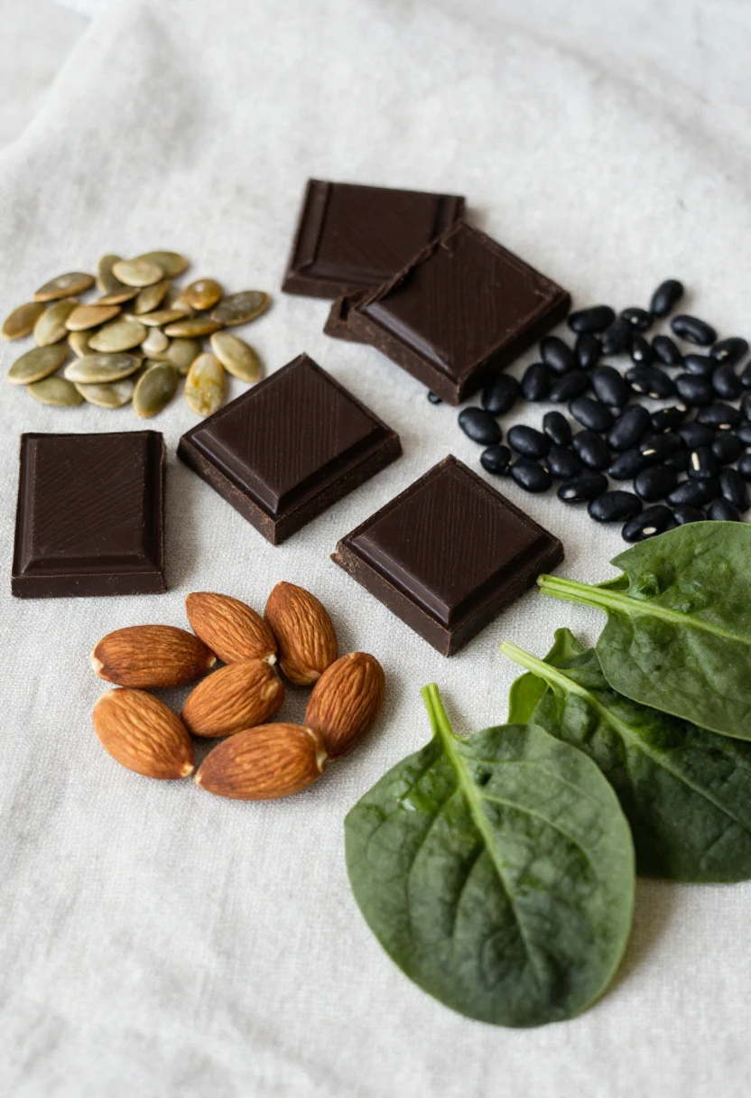 Magnesium rich foods including pumpkin seeds, dark chocolate, almonds and spinach on white linen
