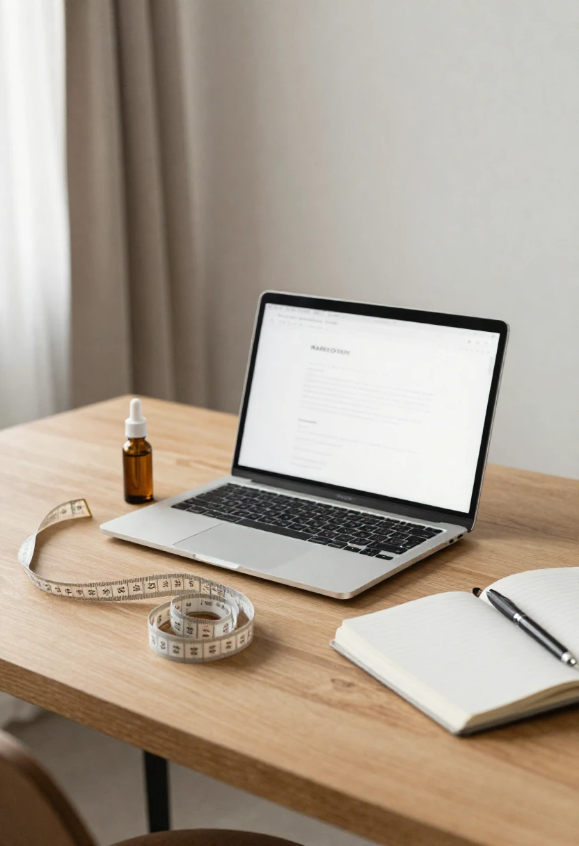 Laptop, measuring tape, and supplement bottle illustrating marketing of HCG diet packages.