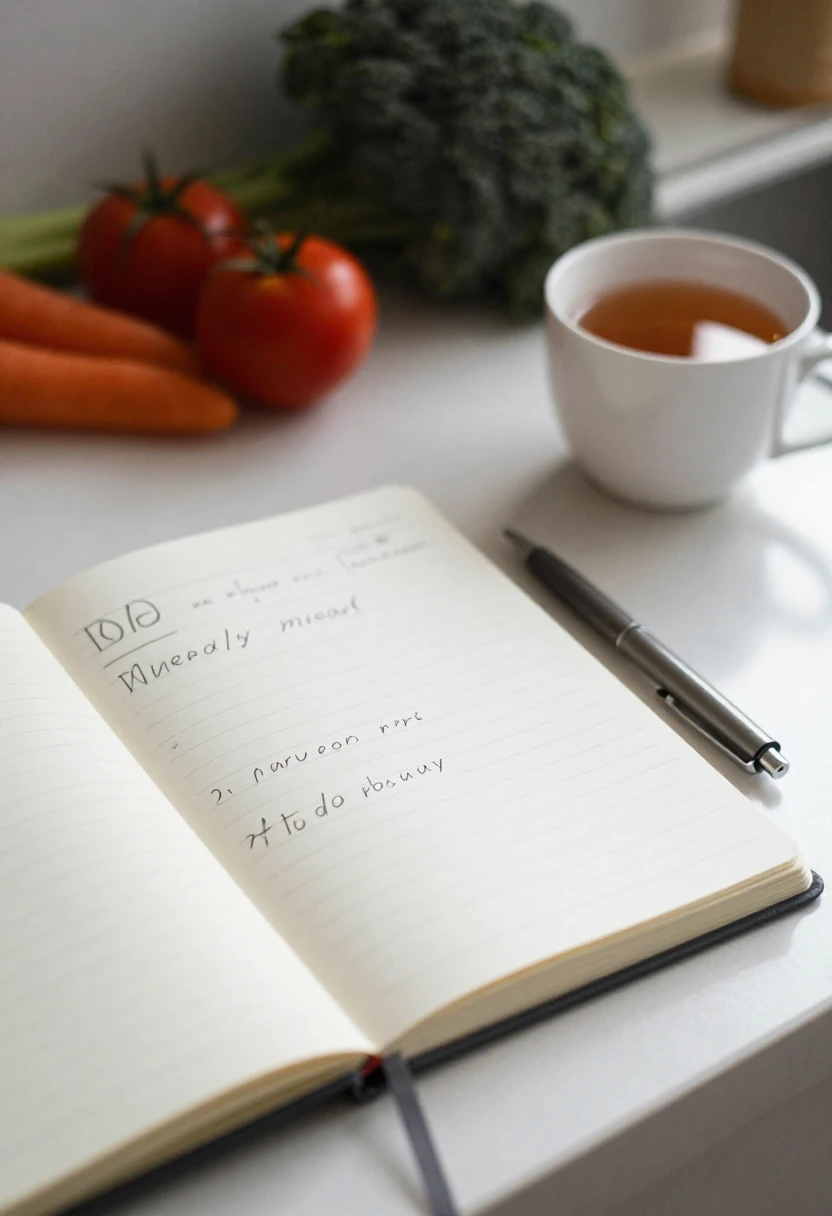 Handwritten weekly meal plan in a notebook on a kitchen counter with fresh vegetables in the background