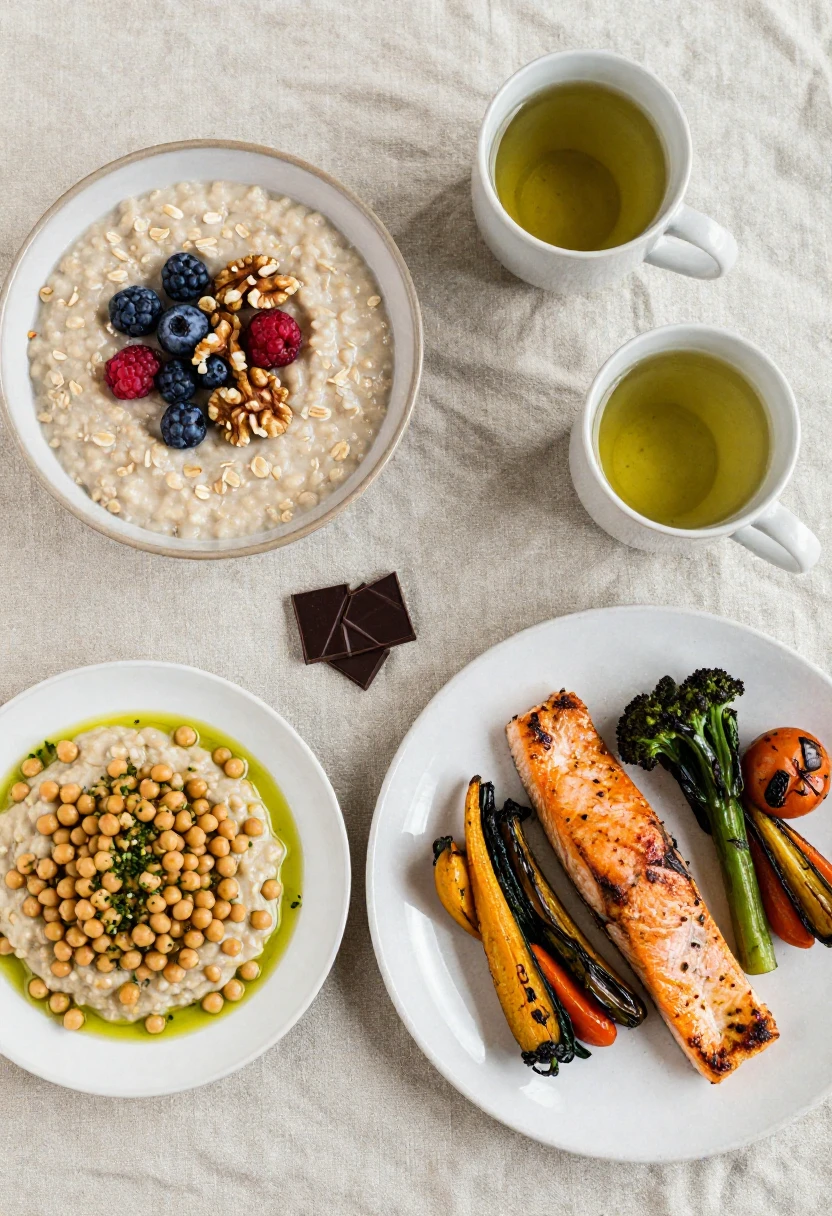 Mediterranean-style meal plan for lowering cholesterol naturally including oats, salmon, chickpeas and vegetables
