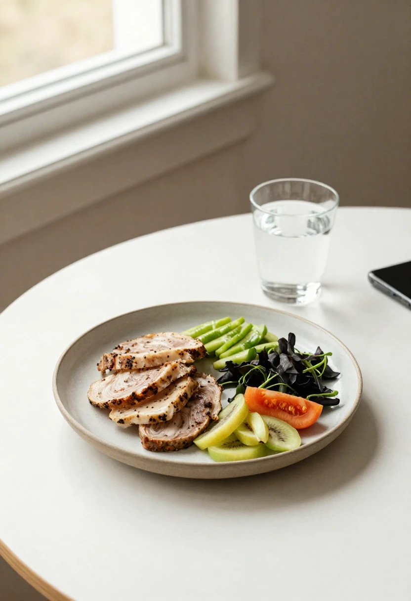 Mindful eating setup — healthy meal on a clean table without distractions
