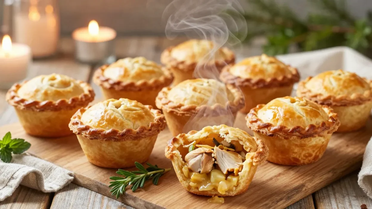 Golden mini chicken pot pies on a festive table with warm lighting and cozy atmosphere.