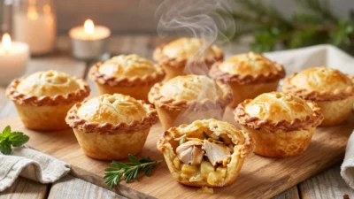 Golden mini chicken pot pies on a festive table with warm lighting and cozy atmosphere.