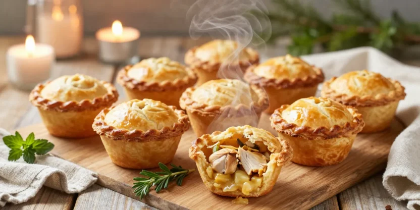 Golden mini chicken pot pies on a festive table with warm lighting and cozy atmosphere.