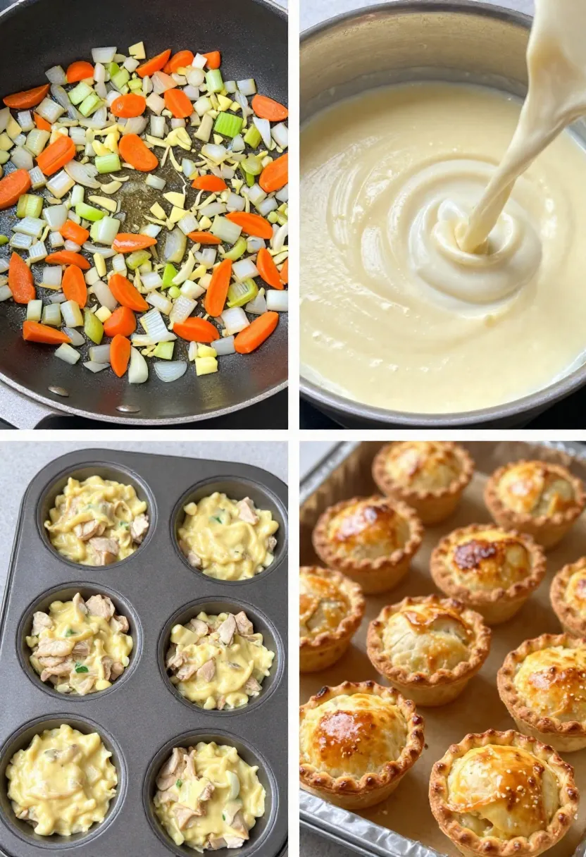 Step-by-step collage of mini chicken pot pie preparation and baking process.