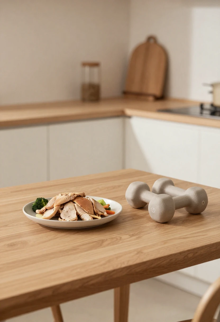 Light dumbbells and small protein meal representing muscle changes on the HCG diet.