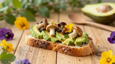Mushroom and avocado toast on sourdough in a bright festive setting with colorful decorations and warm natural light