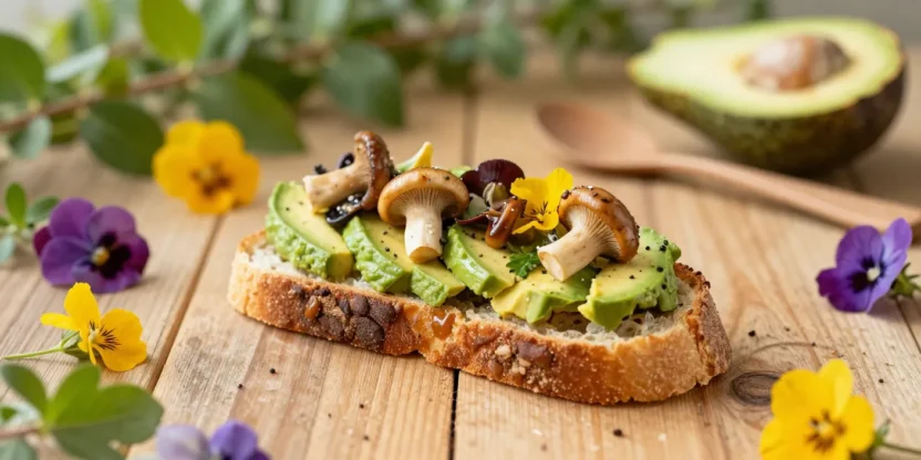 Mushroom and avocado toast on sourdough in a bright festive setting with colorful decorations and warm natural light