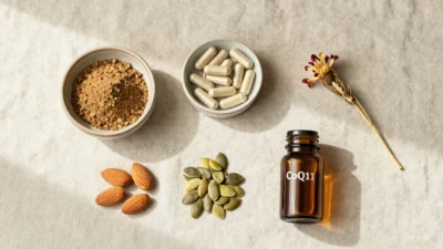 Five natural supplements for energy including ashwagandha, B vitamins, magnesium, CoQ10 and Rhodiola rosea arranged on a linen surface