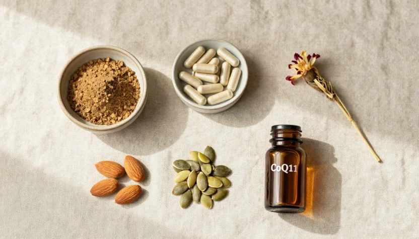 Five natural supplements for energy including ashwagandha, B vitamins, magnesium, CoQ10 and Rhodiola rosea arranged on a linen surface