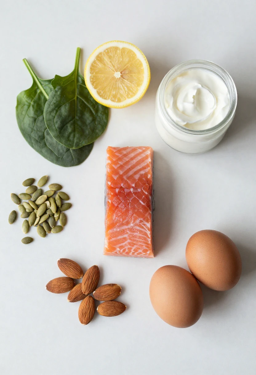 Key nutrients for hair health including eggs, salmon, spinach, lemon, pumpkin seeds and almonds on a marble surface