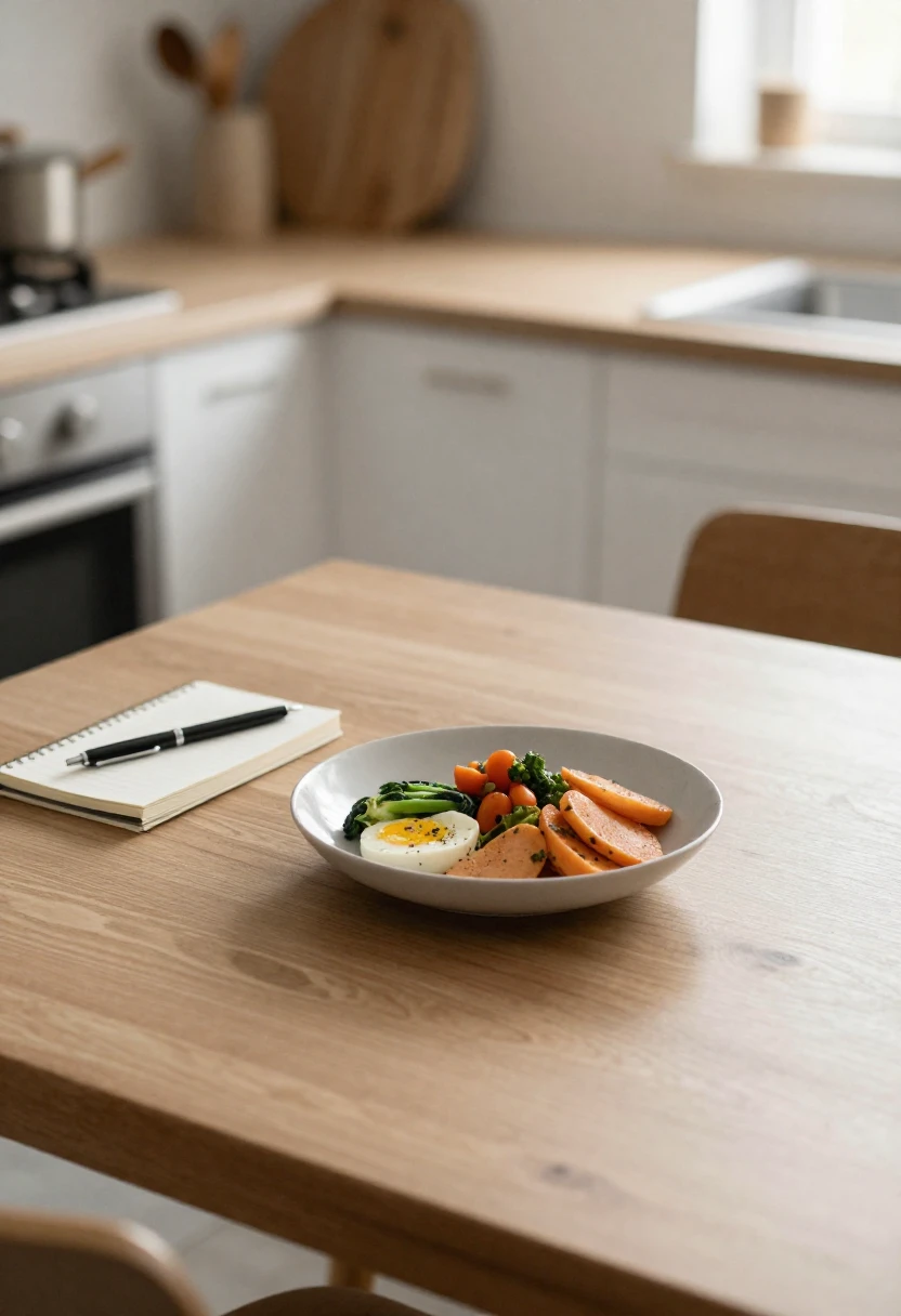 Balanced meal and notebook symbolizing a realistic mindset when overcoming setbacks