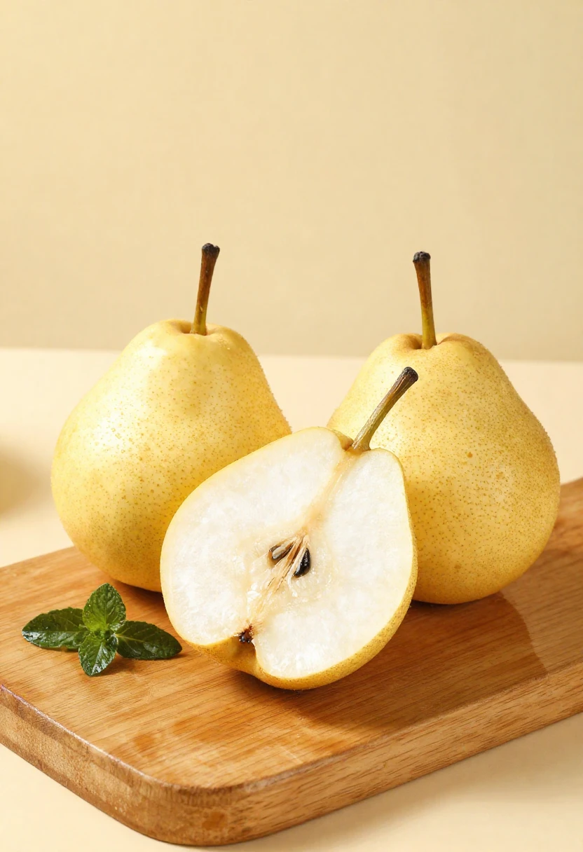 Ripe golden pears on a wooden board one sliced open showing fiber rich fruit