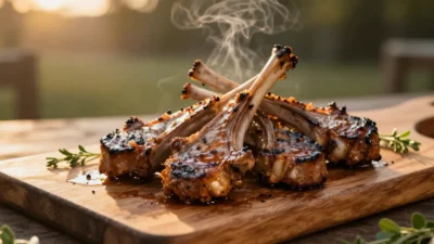 Grilled marinated lamb chops on a wooden board in warm evening light