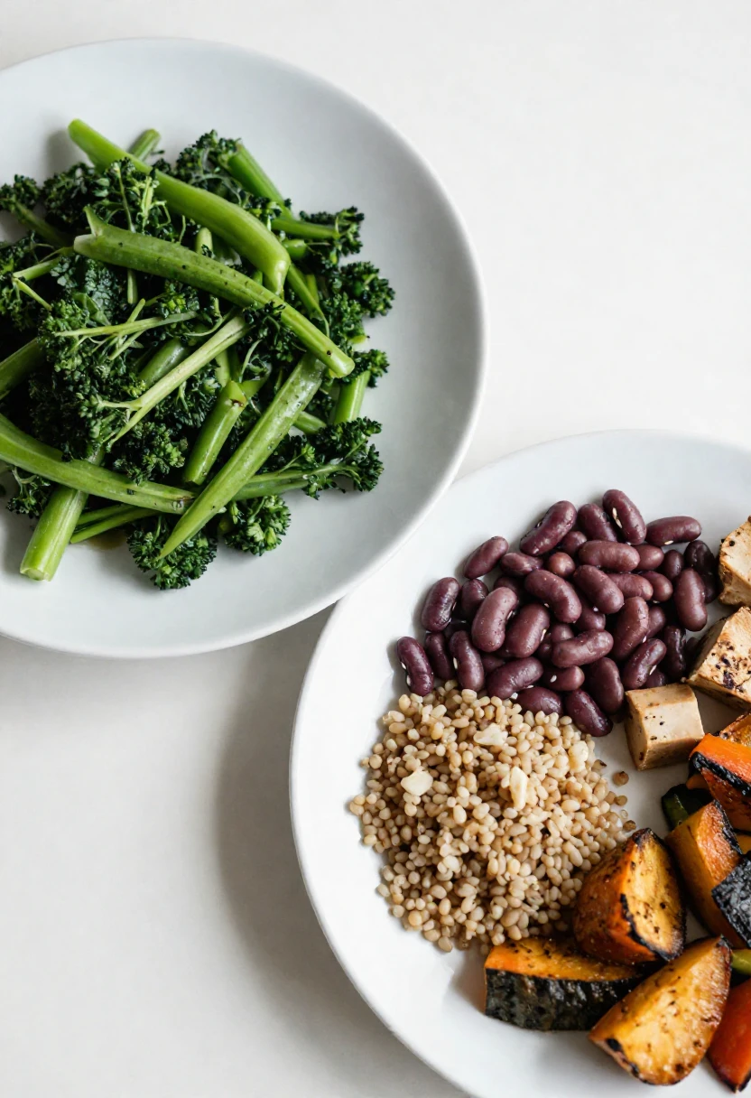 Comparison of an unbalanced plant-based plate next to a well-built nutritious plant-based meal