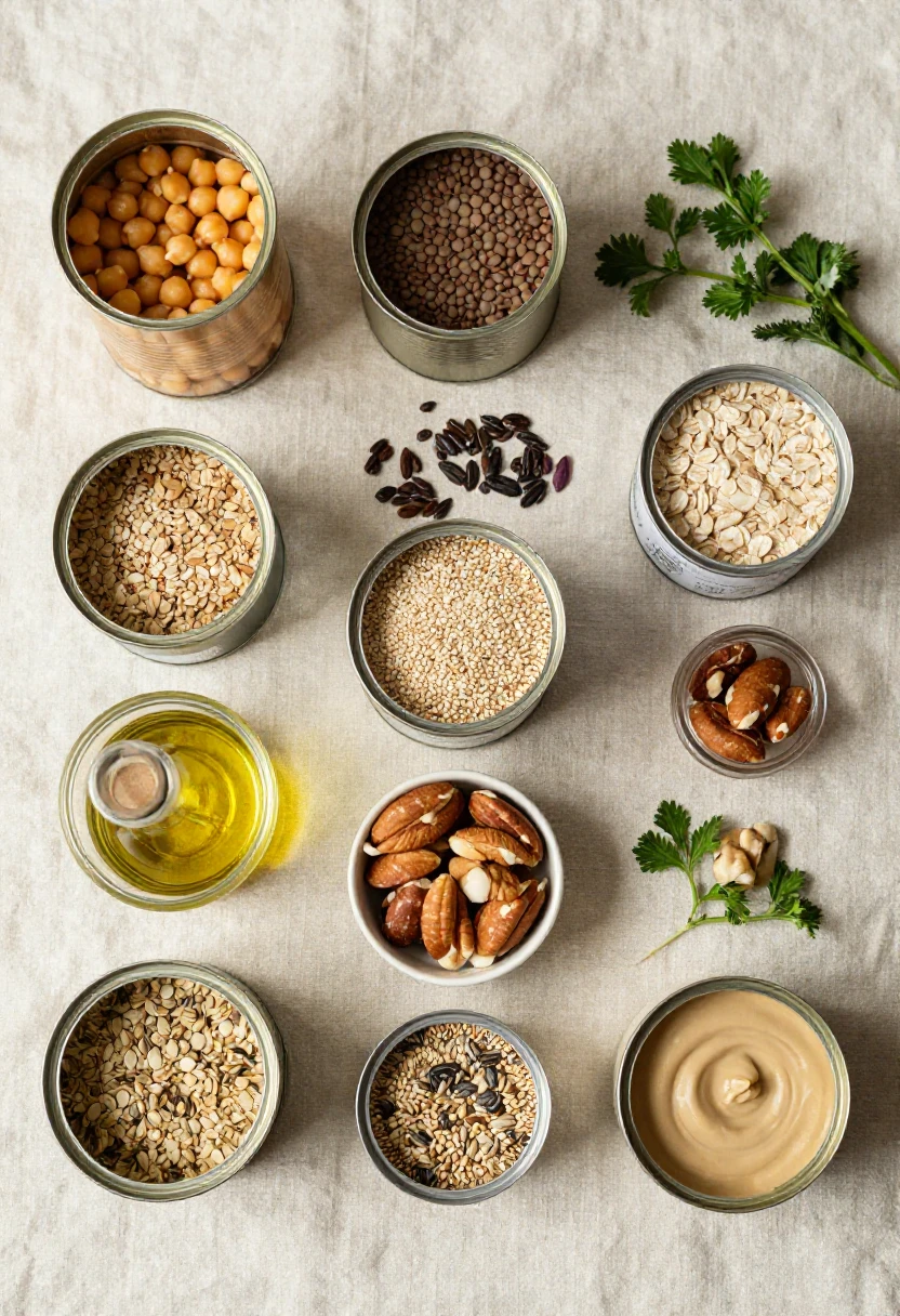 Plant-based pantry staples including legumes, grains, nuts, seeds, and olive oil arranged on a linen surface