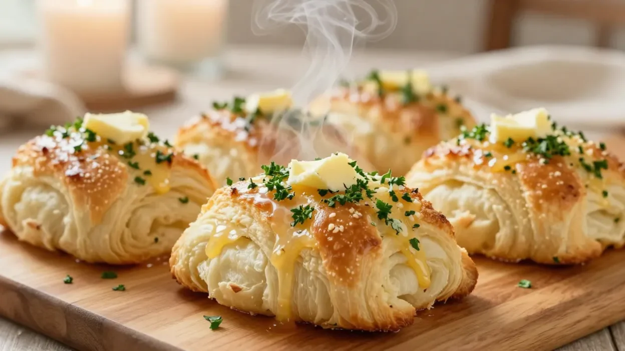 Golden fluffy garlic Parmesan pull-apart rolls in a cozy home setting with warm light.