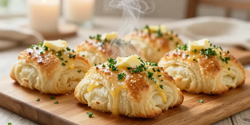 Golden fluffy garlic Parmesan pull-apart rolls in a cozy home setting with warm light.