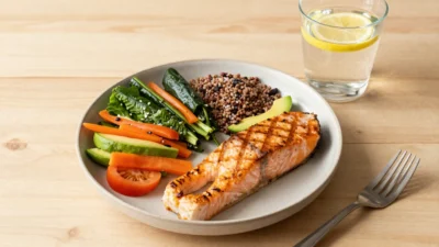 A balanced meal with vegetables, whole grains, salmon and avocado on a wooden table