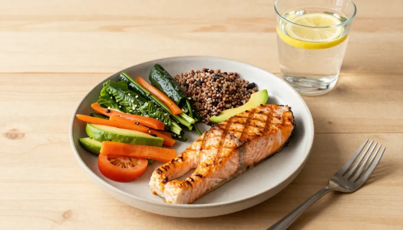 A balanced meal with vegetables, whole grains, salmon and avocado on a wooden table
