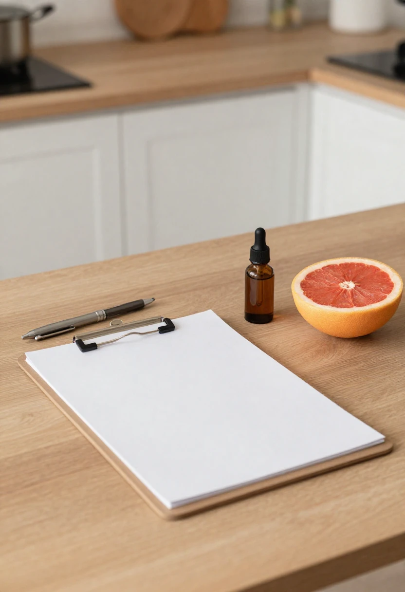 Clipboard and dropper bottle with grapefruit representing regulatory warnings about HCG diet products.