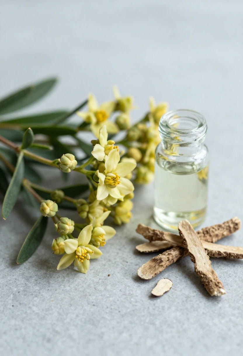 Rhodiola rosea flowers and dried root pieces with a small glass jar on a stone surface