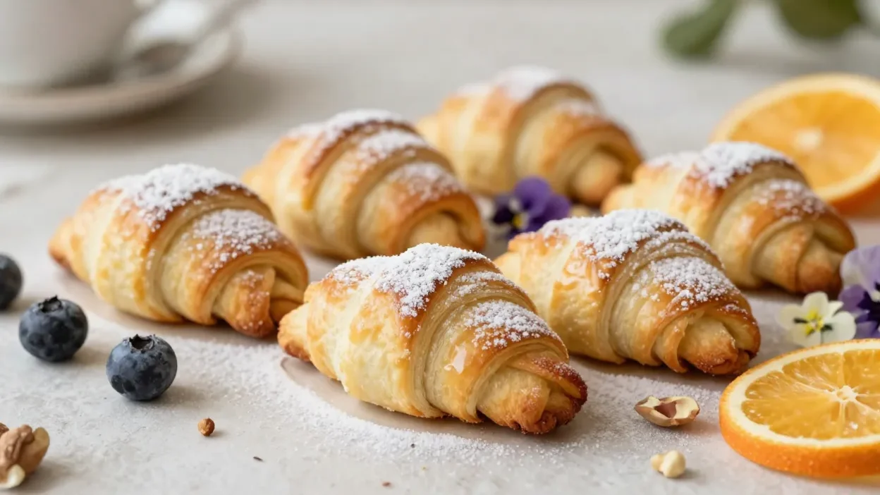 Elegant rugelach with fruits, nuts, and flowers in a cozy styled setting