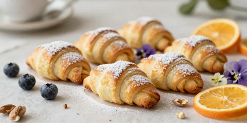 Elegant rugelach with fruits, nuts, and flowers in a cozy styled setting
