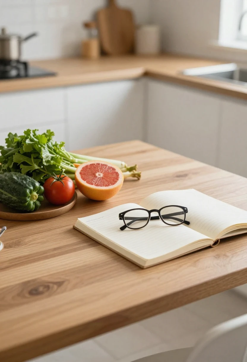 Kitchen table with fresh ingredients and notebook representing scientific research about diet claims.