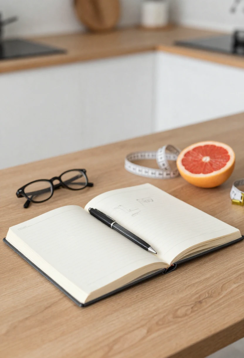 Notebook with charts and grapefruit representing scientific research on HCG and weight loss.