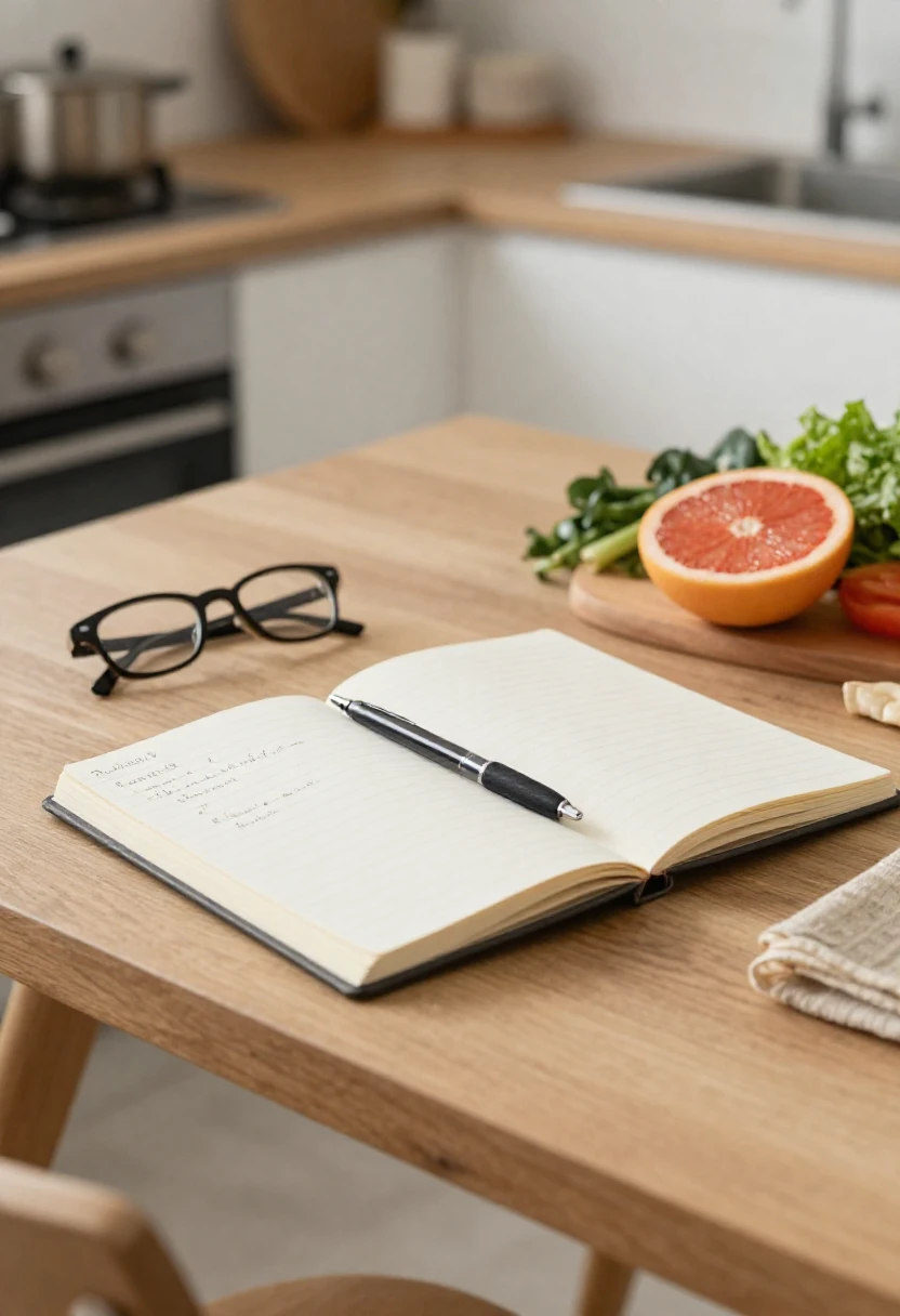 Notebook and fresh ingredients representing scientific research on HCG for weight loss.