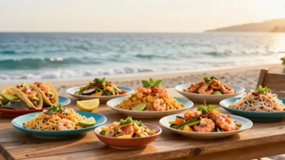 Festive seaside table with various shrimp dishes on plates.