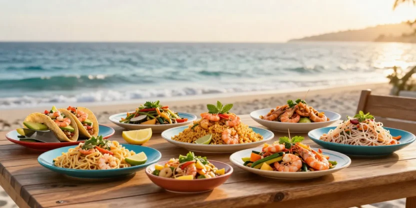 Festive seaside table with various shrimp dishes on plates.