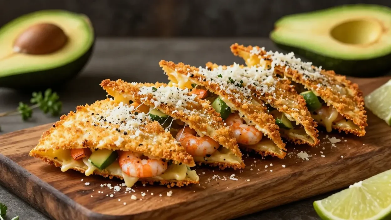 Crispy Parmesan shrimp quesadillas with melted cheese and fresh avocado