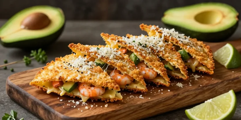 Crispy Parmesan shrimp quesadillas with melted cheese and fresh avocado