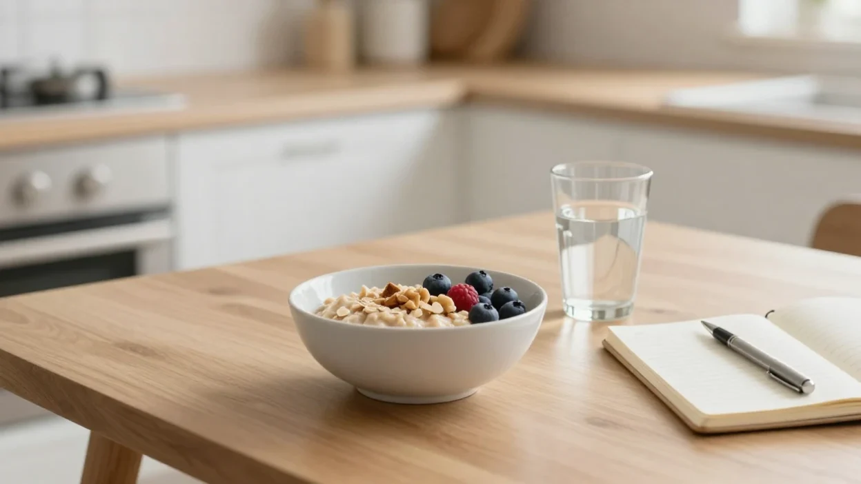 Balanced breakfast with oatmeal and water representing small daily changes for lasting weight loss