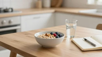 Balanced breakfast with oatmeal and water representing small daily changes for lasting weight loss