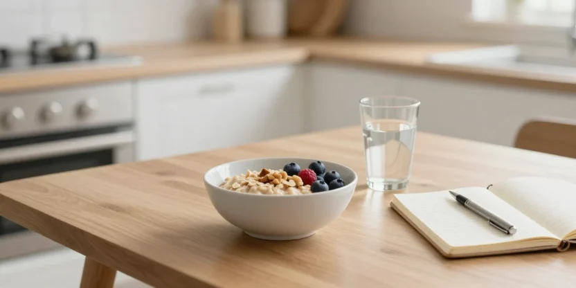 Balanced breakfast with oatmeal and water representing small daily changes for lasting weight loss