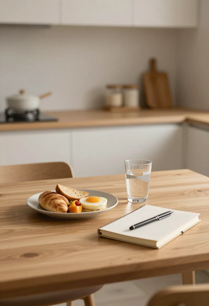 Balanced breakfast and journal symbolizing confidence and consistency through small daily steps
