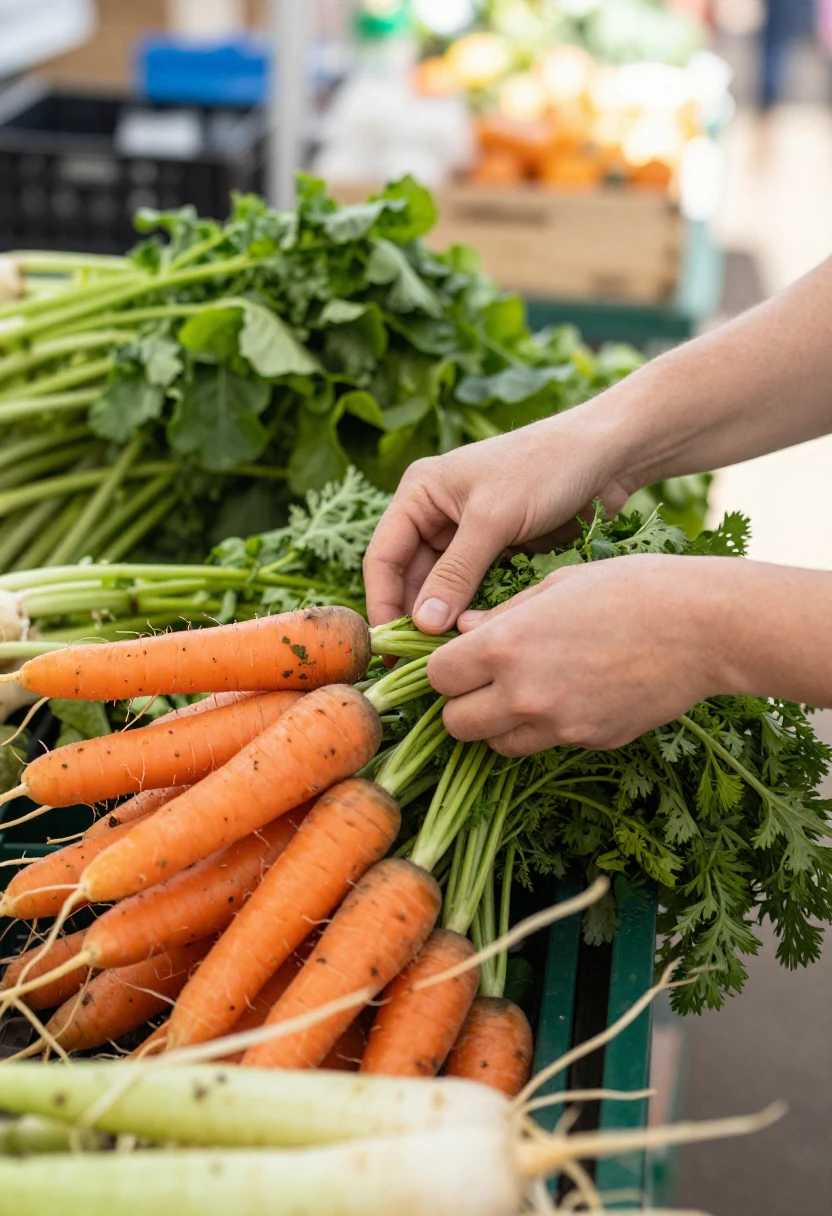Hands choosing fresh seasonal vegetables at a farmers market on a budget grocery shopping trip