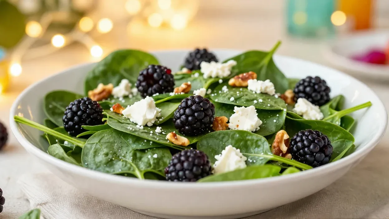 Spinach berry salad with blackberry dressing in a festive setting