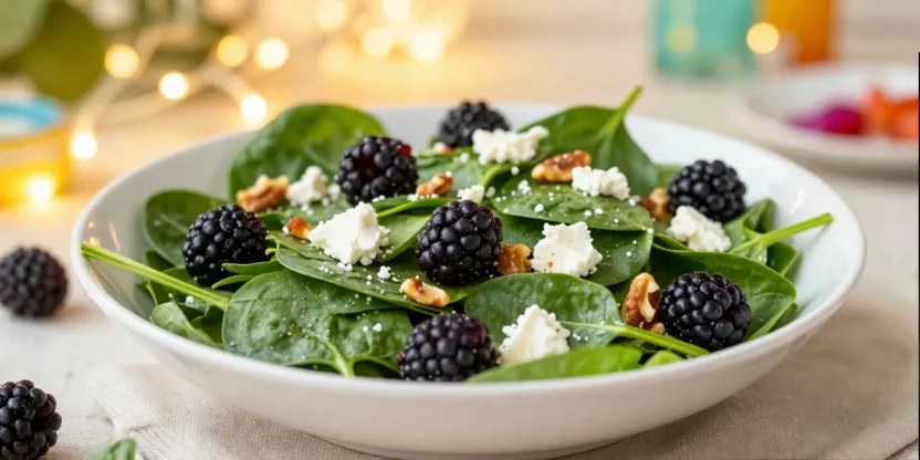 Spinach berry salad with blackberry dressing in a festive setting
