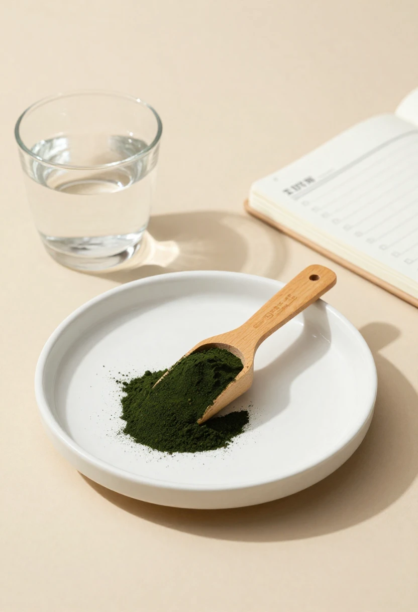 Spirulina dosage — teaspoon of spirulina powder with glass of water and notebook